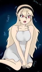  absurdres blonde_hair breasts corrin_(fire_emblem) dazed dress elf_ears female_only femsub fire_emblem fire_emblem_fates headband large_breasts lipstick nintendo open_mouth princess red_eyes simple_background sitting sleepy_kai solo spiral_eyes symbol_in_eyes text tongue very_long_hair 