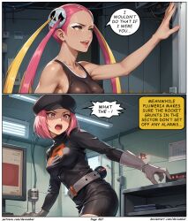  ai_art dark_skin devianbar dialogue large_breasts long_hair nintendo pink_hair plumeria_(pokemon) pokemon short_hair team_rocket team_rocket_grunt team_skull text 