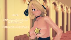 angry aware blonde_hair breasts bunny_ears bunnysuit clothed clothed_exposure cynthia dialogue english_text female_only fishnets grey_eyes hair_covering_one_eye mustardsauce pasties pokemon pokemon_(anime) solo star_pasties text