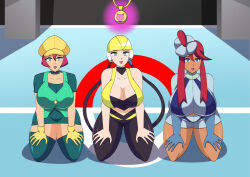 blonde_hair dark_skin dlobo777 elesa empty_eyes femsub georgia happy_trance large_breasts pokemon red_hair skyla team_hypno