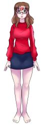 barefoot brown_eyes brown_hair empty_eyes expressionless female_only fembot femsub glasses hypnotic_accessory katsiika microchip nozomi_akemi open_mouth penlight skirt spiral_eyes standing standing_at_attention sweater symbol_in_eyes tech_control