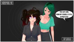  black_hair clothed comic dialogue english_text femdom femsub green_eyes green_hair hypnotized_hypnotist malesub purple_eyes rollb tagme text twintails video 