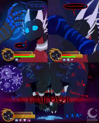 bad_end blue_eyes cum cum_in_pussy cynder dialogue dragon_girl english_text femsub fertilization furry gameplay_mechanics health_bar heart horse_penis hypnotic_spiral impregnation_request knotted_penis magic maledom scalie selitoxicmoon spiral_eyes spyro_the_dragon_(series) vaginal