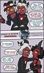 bare_shoulders black_eyes breasts chazwick_thurman cleavage comic crimson_(helluva_boss) demon_boy demon_girl english_text eyeshadow father_and_son groping helluva_boss heterosexual horns husband_and_wife kissing makeup maledom malesub millie_(helluva_boss) moxxie_(helluva_boss) possession red_skin speech_bubble spit_trail swapxolotl text white_hair yellow_sclera