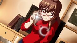  animated animated_gif breasts brown_eyes brown_hair consensual dialogue femdom game_cg glasses innovator123 looking_at_viewer nozomi_akemi pen_light penlight pov pov_sub smile sweater text 