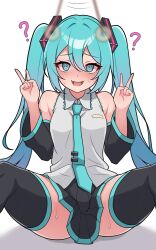  absurdres arm_warmers bare_shoulders blue_eyes blue_hair blush boots breasts coin confused cyan_eyes cyan_hair empty_eyes femsub happy_trance kumada_gaon miku_hatsune open_mouth pendulum shirt simple_background sitting skirt small_breasts smile spiral_eyes spread_legs sweat symbol_in_eyes thighhighs tie twintails v vocaloid white_background 