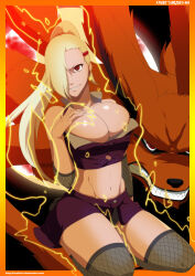 angry aura blonde_hair breasts cleavage corruption english_text evil_smile eye_color_change femsub furry glowing glowing_eyes hair_covering_one_eye happy_trance holding_breasts huge_breasts ino_yamanaka kurama_(naruto) large_breasts locofuria midriff naruto_(series) navel orange_hair ponytail possession red_eyes sitting slit_pupils smile text thighs very_long_hair