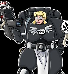  armor aurora_(jabberwocky) black_background blonde_hair clothed earrings empty_eyes femsub gun hand_on_hip hypnotic_gun long_hair original shrunken_irises simple_background space_marine standing tagme warhammer_40k weapon zombifier 