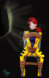 black_background bondage breasts chair female_only femsub green_eyes high_heels hypnotic_screen jean_grey large_breasts long_hair marvel_comics mojo ponytail red_hair sitting smile super_hero tech_control x-men