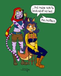  blue_hair breasts brown_eyes carmelita_fox chair cleavage dialogue female_only femdom femsub fox_girl furry happy_trance long_hair mole multiple_girls neyla sav8197 scarf simple_background sitting sly_cooper_(series) smile spiral_eyes standing symbol_in_eyes text tiger_girl 