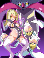  androgynous_dom aura bare_shoulders black_background black_sclera blonde_hair blush braid breasts cosplay eye_color_change femsub gloves glowing_eyes gradient_background happy_trance high_heels inkay leotard lillie_(pokemon) long_hair looking_at_viewer malamar malamar_outfit nintendo nipple_piercing nipples okojo open_mouth opera_gloves piercing pokemon pokemon_(creature) pokemon_sun_and_moon posing pregnant purple_background pussy_juice simple_background smile tentacles yellow_eyes 