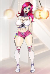  absurdres blue_eyes bracelet breasts bubble cleavage collarbone crop_top empty_eyes female_only femsub gym_uniform hourglass_figure large_breasts long_hair midriff open_mouth original pendulum pocket_watch red_hair short_shorts shorts simple_background solo standing tank_top thighhighs zorro-zero 