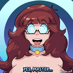 ahoge bare_shoulders blue_background blue_eyes brown_hair brushie_art collar collarbone convenient_censoring dog_tags drool eyebrows_visible_through_hair female_only femsub glasses happy_trance jay_(junethrall) large_breasts long_hair looking_at_viewer nude open_mouth original pet_play signature solo spiral_background spiralwash_eyes text tongue tongue_out