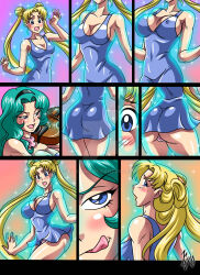  ass_expansion aura blush breast_expansion cleavage comic dress erect_nipples erect_nipples_under_clothes female_only femdom femsub kyo-domesticfucker music sailor_moon sailor_moon_(series) sailor_neptune tongue tongue_out twinning yuri 
