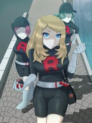 belt blonde_hair blue_eyes boots breasts ch3coona19 dress empty_eyes evil_smile female_only femsub gloves hand_on_hip hat long_hair looking_at_viewer multiple_girls multiple_subs nintendo pink_hair pokeball pokemon serena short_hair smile team_rocket team_rocket_grunt