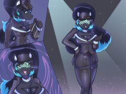  blue_eyes breasts cleavage cleavage_cutout drool female_only femsub furry gloves hat husky_girl kneehighs long_hair looking_at_viewer miniskirt open_mouth ponytail sauce-guy tech_control visor 