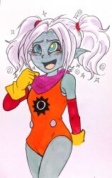 dragon_ball hypnotic_eyes jeans kaa_eyes kate_bishop panzy_(dragon_ball_daima) smile spiral_eyes twintails