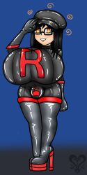  alicia_(aliciapendragon) black_hair bodysuit boots brown_eyes color empty_eyes enemy_conversion glasses happy_trance hat high_heels hyper_breasts inkyturnkey large_breasts latex long_hair nintendo null_bulge opera_gloves original pokemon saluting simple_background smile standing standing_at_attention symbol team_rocket team_rocket_grunt watermark 