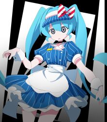  bangs bare_legs blue_hair bow choker cuffs dress drool empty_eyes etlabsotwe expressionless female_only femsub hair_ornament hat miku_hatsune open_mouth ring_eyes simple_background solo spiral_background standing twintails very_long_hair vocaloid waitress 