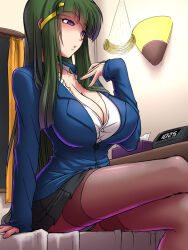 bed breasts cleavage coin dazed empty_eyes femsub green_hair hair_ornament hime_cut large_breasts long_hair manip open_clothes pantyhose pendulum purple_eyes school_uniform tiechonortheal_(manipper)