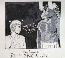 abs asterius_(hades) crown english_text greyscale hades_(game) hair_ornament heart horns humor hypnotic_muscles male_only maledom malesub meme minotaur monochrome multiple_boys nipples nose_ring short_hair simple_background smile text theseus_(hades) yaoi zipper_ghost