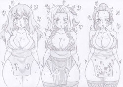  banshou bare_shoulders blush breasts cleavage demon_slayer drool empty_eyes female_only femsub fishnets greyscale hinatsuru_(demon_slayer) huge_breasts long_hair looking_at_viewer makio_(demon_slayer) milf mole multicolored_hair multiple_girls multiple_subs ninja open_mouth orgasm ponytail simple_background sketch standing standing_at_attention suma_(demon_slayer) sweat text thighhighs traditional trembling white_background 