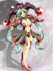  alternate_costume bare_legs black_nail_polish breasts corruption earrings esitoyo eye_color_change femsub glaaze green_hair hat high_heels langrisser large_breasts legs lipstick long_hair looking_at_viewer makeup midriff nail_polish navel orb possession red_eyes shelfaniel slit_pupils smile thighs third_eye 