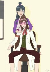 ace_attorney cum_on_clothes drool ema_skye expressionless femdom futanari futasub happy_trance hypnotized_hypnotist maya_fey precum rosera spiral_eyes visor