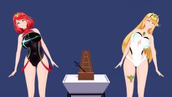  3d animated blonde_hair koikatsu! lunastra metronome multiple_subs mythra_(xenoblade) nintendo pyra_(xenoblade) red_eyes red_hair shrunken_irises swaying swimsuit tick-tock_saying video xenoblade_chronicles xenoblade_chronicles_2 yellow_eyes 