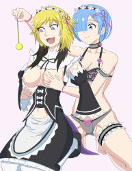  absurdres artist_request bare_breasts bare_shoulders barefoot blonde_hair blue_eyes blue_hair breasts choker cleavage collarbone erika_(er-ikaa) female_only femdom femsub frederica_baumann groping kneeling loquillo maid multicolored_hair open_mouth original pendulum pocket_watch re:zero_starting_life_in_another_world rem_(re:zero) short_hair skirt smile spiral_eyes symbol_in_eyes thighhighs topless 