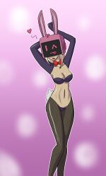 alternate_costume androgynous_dom arms_above_head blonde_hair breasts bunny_girl cleavage femsub fishnets gravity_rush heart kat_(gravity_rush) midriff mythkaz navel one_eye_open open_mouth original possession reverse_bunnysuit symbol tail tech_control wink z-tech_(zko)