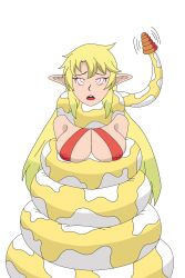 blonde_hair breasts cleavage coils dazed elf elf_ears elma_(interspecies_reviewers) erect_nipples femdom femsub hypnotic_audio interspecies_reviewers kela_(zengo888) long_hair open_mouth original rattlesnake restrained ring_eyes simple_background snake zero2hero54