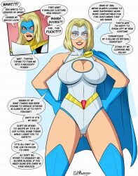  blonde_blazer blonde_hair blue_eyes breasts cape cleavage cleavage_cutout dialogue dispatch_(game) english_text female_only femsub gloves large_breasts leotard long_hair mask polmanning power_girl short_hair signature speech_bubble spiral_eyes super_hero text 