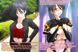  altered_common_sense before_and_after blue_eyes blush breasts crotch_tattoo exposed_chest femsub grey_hair hard_translated huge_breasts jeans navel open_mouth red_eyes saino_kavvara short_hair tattoo text tomboy translated 
