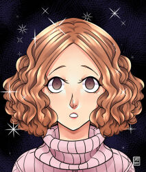  brown_eyes brown_hair curly_hair dazed empty_eyes expressionless female_only femsub haru_okumura lipstick looking_at_viewer open_mouth persona_(series) persona_5 short_hair solo sweater sweetlittleneko 