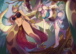  absurdres alternate_costume anklet arm_bands bare_legs barefoot bent_over blush bracelet breasts cleavage coils dancer dancing dark_skin disney feet femsub fire_emblem fire_emblem_heroes flower_in_hair green_hair gunnthra_(fire_emblem_heroes) happy_trance harem_outfit hypnotic_eyes hypnotized_walking jewelry kaa kaa_eyes laegjarn_(fire_emblem) lairreverenteboladepelos large_breasts loincloth long_hair maledom midriff multiple_subs nintendo outdoors pink_hair smile snake the_jungle_book veil 