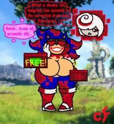 blue_hair blue_skin boots bottomless chaos-force corruption dialogue female_only femsub furry genderswap gloves hand_on_head happy_trance hedgehog_girl huge_breasts kneehighs nude outdoors red_eyes sage_(sonic_frontiers) signature smile sonic_the_hedgehog sonic_the_hedgehog_(series) speech_bubble spiralwash_eyes standing text thought_bubble topless