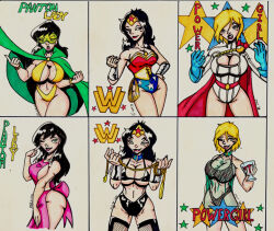  black_hair blonde_hair breasts cleavage_cutout comic crazycowproductions dc_comics female_only femsub fishnets happy_trance large_breasts lingerie long_hair phantom_lady power_girl super_hero superman_(series) thighhighs traditional underwear western wonder_woman 