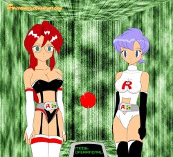  anabel antenna belt blue_hair breasts cleavage empty_eyes enemy_conversion erect_nipples expressionless female_only femsub glasses gloves hypnotic_accessory jimryu large_breasts long_hair lorelei nintendo opera_gloves pokemon pokemon_(anime) red_hair robotization short_hair standing standing_at_attention team_rocket tech_control thighhighs 