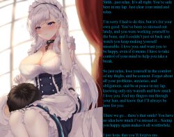 apron azur_lane belfast_(azur_lane) breasts brown_hair caption caption_only collar femdom futon_fly_away gloves large_breasts maid maid_headdress malesub manip nobody67_(manipper) opera_gloves purple_eyes shirt text thighhighs white_hair wholesome
