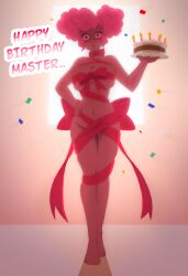  birthday bow cake disguised_hypnotist drool femsub hair_buns jess_(kylewtb) navel nude original pink_hair spiral_eyes standing_at_attention tagme text tray 