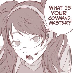 dialogue empty_eyes expressionless female_only femsub greyscale headphones long_hair looking_at_viewer male_pov maledom microphone not_a_hazard open_mouth persona_(series) persona_4 pov pov_dom red_hair rise_kujikawa sketch solo tech_control text twintails visor
