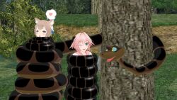  3d astolfo_(fate) blush brown_hair cat_boy coils crossover disney fate/grand_order fate_(series) felix_argyle femboy forked_tongue happy_trance heart hypnotic_eyes kaa kaa_eyes male_only maledom malesub mmd one_eye_open open_mouth pink_hair re:zero_starting_life_in_another_world resisting restrained short_hair smile snake speech_bubble texasnerd the_jungle_book tongue trees 