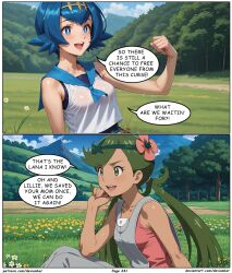  ai_art blue_hair dark_skin devianbar dialogue green_hair lana_(pokemon) long_hair mallow_(pokemon) nintendo pokemon short_hair text 