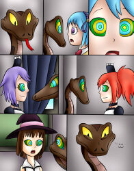 blue_hair comic empty_eyes femdom femsub happy_trance hypnotic_eyes jerrydestrtoyer kai_(pieman754) kokoa_shuzen kurumu_kurono maid mizore_shirayuki multiple_girls original purple_hair red_hair rosario+vampire snake yukari_sendo