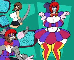  absurdres breasts brown_hair cleavage clown happy_trance hypnotic_screen kaa_eyes large_breasts lordebonfuze original red_hair robot short_hair tech_control thighhighs transformation 