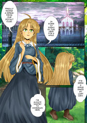  ahoge asia_argento blonde_hair clothed comic dialogue dress english_text green_eyes high_school_dxd long_hair outdoors shoes speech_bubble tagme text trees tuksoil 