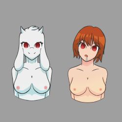 bottomless breasts brown_hair chara_(undertale) empty_eyes expressionless female_only femsub furry goat_girl happy_trance horns milf mother_and_daughter nude red_eyes short_hair topless toriel_dreemurr undertale zires