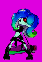  blue_hair boots dronification expressionless female_only femsub fingerless_gloves glowing_eyes goggles green_hair hair_covering_one_eye midriff nintendo octoling octoling_girl open_mouth sanitized_(splatoon) sheep_pict short_shorts simple_background solo splatoon splatoon_2 tentacles 