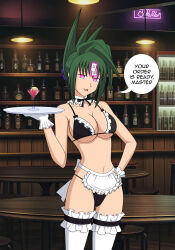  bow breasts cleavage female_only femsub gloves glowing glowing_eyes green_hair happy_trance jimryu jun_tao maid open_mouth pink_eyes shaman_king talisman text thighhighs translated tray waitress 